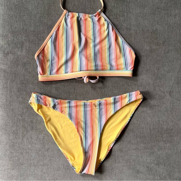 Marine Layer Havana Bikini Top + Bottom Rainbow Striped Halter - Picture 2 of 8